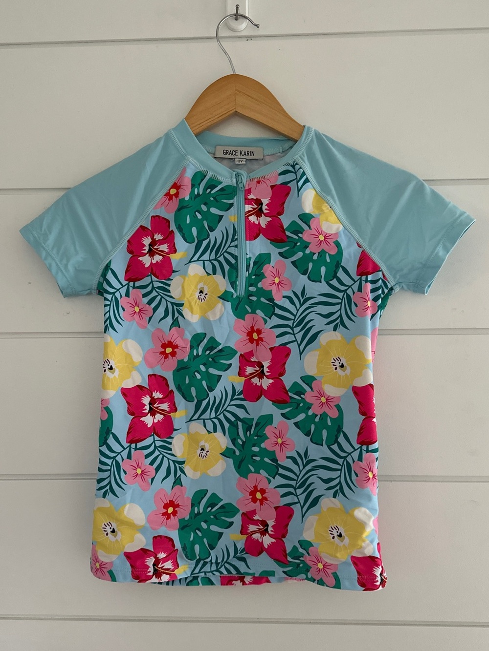 Floral Zip Rash guard/Swim Top Blue/Pink - Size 12y